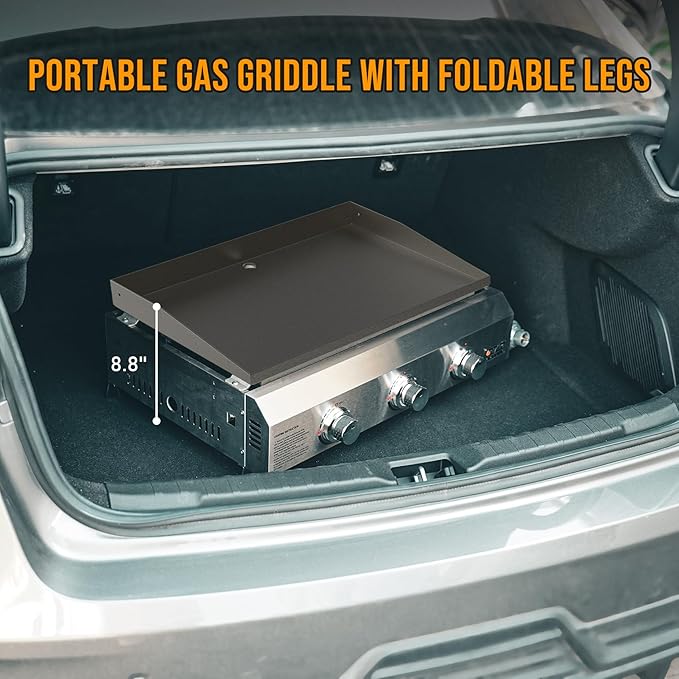 Tabletop Gas Griddle No Lid & Foldable Legs, 3-Burner BBQ Propane Flat Top Griddle, Portable Grill Stove for Outdoor Cooking Patio Party Camping Tailgating RV, Stainless Steel, GS311