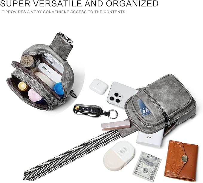 3L SMALL Sling Bag Fanny Packs For Women Men Mini Crossbody Chest Belt Travel Bag Purse Handbag Faux Leather Fashion Cute Dark Grey