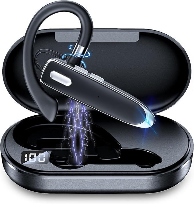 Bluetooth Headset Single Ear Business Earbuds, Wireless Headphones with Mic, Wireless Earbuds with 800mAh Charging Case, 100 Hours Standby Time Bluetooth Earpiece, Earphones for Work,Trucker, Office