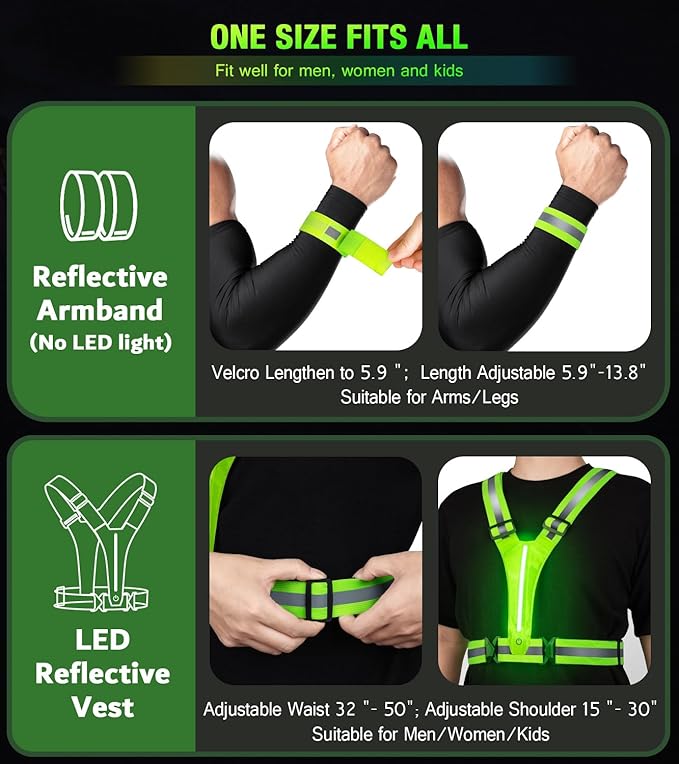 Led Light Up Running Vest Reflective Vest for Runners Night Walking, Rechargeable LED Reflective Running Vest High Visibility with Adjustable Waist/Shoulde, Reflective Armband for Women Men