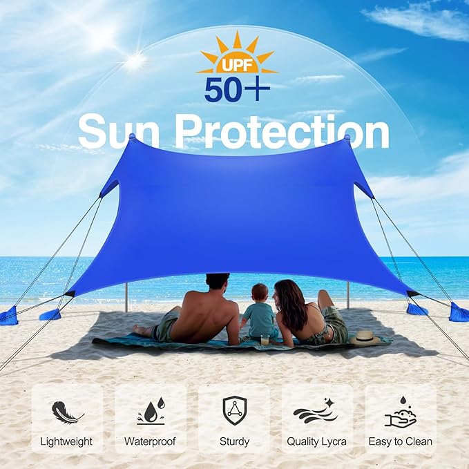 Rhino Valley Beach Tent Shade Canopy UPF50+ Protection, 8 Sandbags, 4 Stability Poles, Outdoor Sun Shelter Umbrella for Sand, Camping, Fishing Essentials
