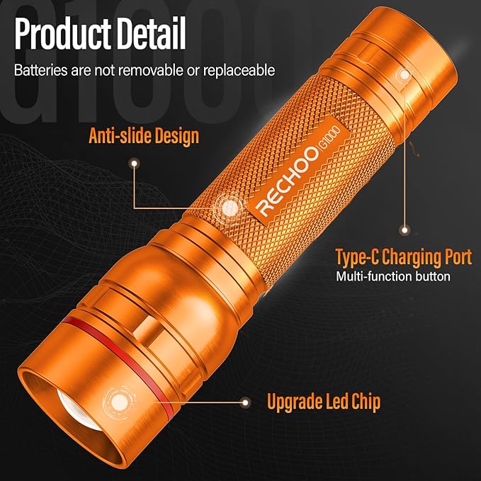 Rechargeable Flashlights High Lumens, G1000 Super Bright Flash Light 2 Pack, Small Zoomable LED Flashlight with 3 Lighting Modes, Portable Flashlight for Camping Essentials (Battery Included)-Orange