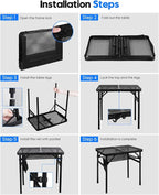 MSDADA Folding Grill Table, Height Adjustable Aluminum Table with Mesh Desktop and Mesh Bag, Portable Grill Table for Outdoor Camping, Picnic, Patio, Dining, BBQ, Party, Black, 23.6×15.7 inch