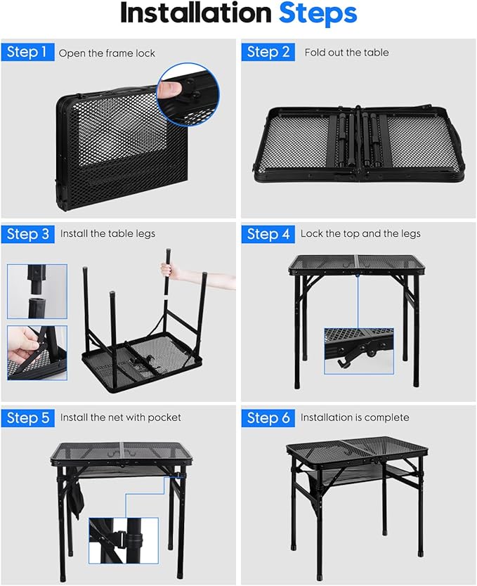 MSDADA Folding Grill Table, Height Adjustable Aluminum Table with Mesh Desktop and Mesh Bag, Portable Grill Table for Outdoor Camping, Picnic, Patio, Dining, BBQ, Party, Black, 23.6×15.7 inch