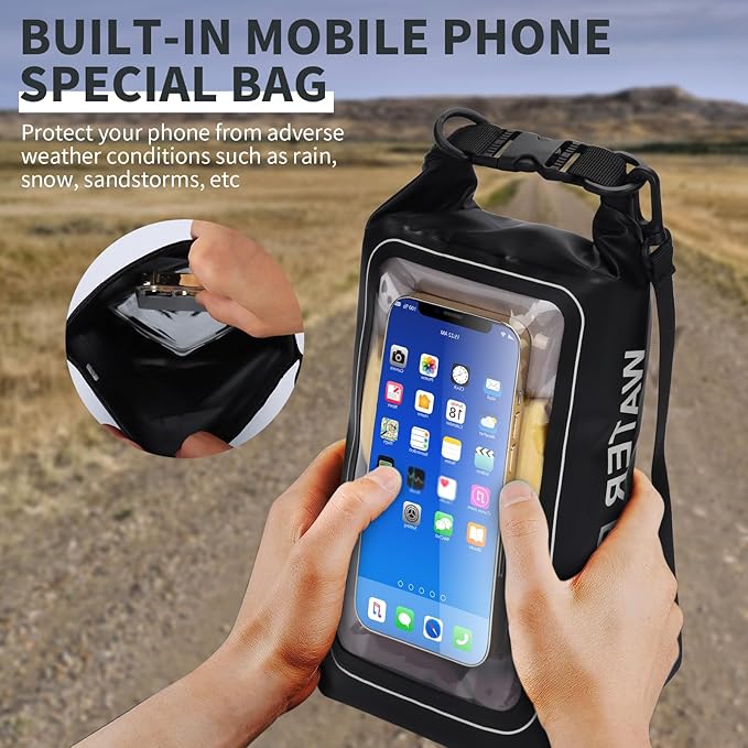 IP68 Waterproof Dry Bag, 2L - Roll Top Waterproof Pool Bag，dry bags for kayaking waterproof-w/Phone Pouch,Large Waterproof Phone Pouch,Boating & Kayak Accessories camping (black)