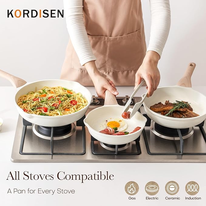 Nonstick Ceramic Frying Pan Set, 3 Piece Ceramic Skillet Set, Healthy Non Toxic Cooking Pan, Stay-Cool Handle, Induction Compatible, PFOA & PFAS Free, White