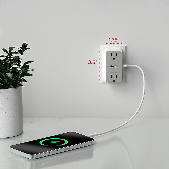 Energizer 2 Pack of Fast Charging Multi Plug Wall Outlet Extender 2 AC Power Outlets, 1 20W PD Type C, 2 USB A (3.1A Total Output) Power Strip Expander Splitter Plug in Adapter