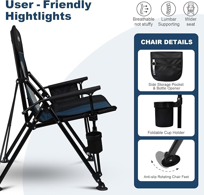 Camping Chair Portable Folding Lawn Chair Comfortable Hard Arm Sturdy for Family Camp, Outdoor, Sports, Beach, Travel, Support 400 lbs, Black&Blue