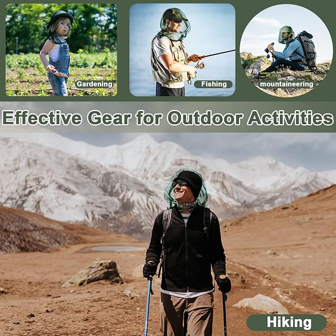 Benvo Mosquito Head Net Mesh, Face Neck Fly Netting Hood from Bugs Gnats Noseeums Screen Net for Any Outdoor Lover- with Carry Bags Fits Most Sizes of Hats Caps (2pcs, Olive, Updated Big Net)