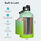 BUZIO 64oz Insulated Water Bottle, Triple Wall Stainless Steel (Cold for 48 Hrs) Leakproof Half gallon Jug/Flask with Straw Lid and Carry Bag for Sports Hiking, Camping, Gradient Green