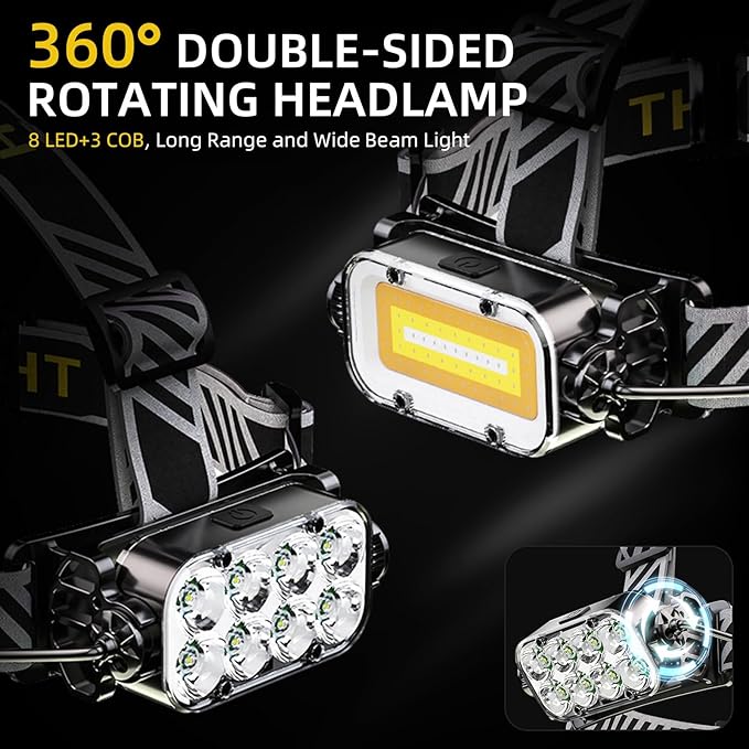 Headlamp Rechargeable, 8 LED Head Lamp, 360° Double Sided Rotating Head Flashlight, Super Bright Outdoor Waterproof Headlight for Camping, Running, Hiking, Hunting, Fishing, Reading, Working