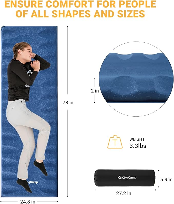 KingCamp Sleeping Pad for Camping, Rollover Prevention Self Inflating Sleeping Pad Camping Mattress Foam Mat with Butterfly Edge Cut for Outdoor & Indoor, Tent Cot Car Backpacking, PVC Free