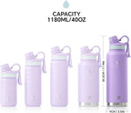 IDEUS Insulated Stainless Steel Water Bottle with 2 Leak-Proof Lids, Thermal Water Flask for Hiking Biking, 40oz, Violet