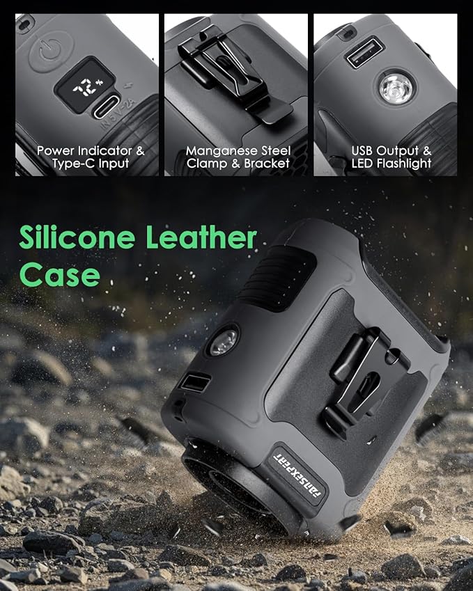 Portable Waist Fan Clip on, Personal Wearable Belt Fan 10000mAh Rechargeable Battery Under Shirt,5 Speeds with light, Neck Fan Hands-Free Cooling For Outdoor Camping Travel (Grey)