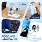 Wireless Charging Station for Apple Devices: 3 in 1 Foldable Qi Compact Case-Friendly Charger Stand for iPhone 17-12 & Apple Watch & AirPods Charging Dock for Travel Home Office Desk Nightstand (Blue)