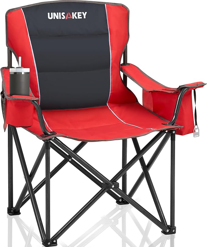 Oversized Folding Camping Chair for Adults - 450lbs Support - Heavy Duty Portable Lawn Chairs with Side Pocket Cup Holder Cooler Bag for Sports Garden Beach Fishing, Red