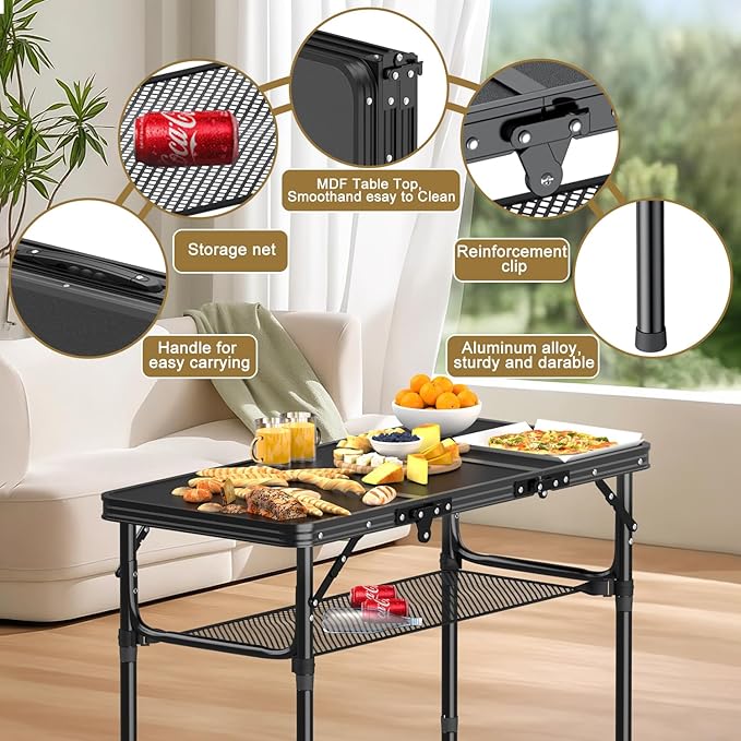 Folding Camping Table, 3 FT Folding Portable Camping Table, Outdoor&Indoor Picnic Table with 3 Adjustable Height Max 27.1",Lightweight Aluminum Camping Tables, Car Camping Essentials-Pure Black