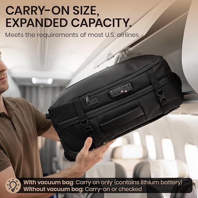 Fanwoli Rolling Vacuum Backpack Travel with One-Button Compression, Expandable Carry-On Suitcase Luggage, Approved TSA Lock & Water-Proof Laptop Compartment for Outdoor/Family/Business Trips