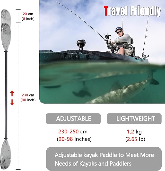 Angler Kayak Paddles Aluminum Paddle with Plastic Blades and Paddle Leash, Floating Adjustable Fishing Kayak Oars, 3 Piece, 230-250cm/90-98 inch