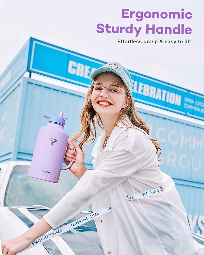 64 oz Water Bottle Insulated with Handle and Carry Pouch, Half Gallon Stainless Steel Water Bottles Mug with Straw Lid Spout Lid,Reusable Metal Tumbler Jug Flask Cup,Keep Cold & Hot,Purple