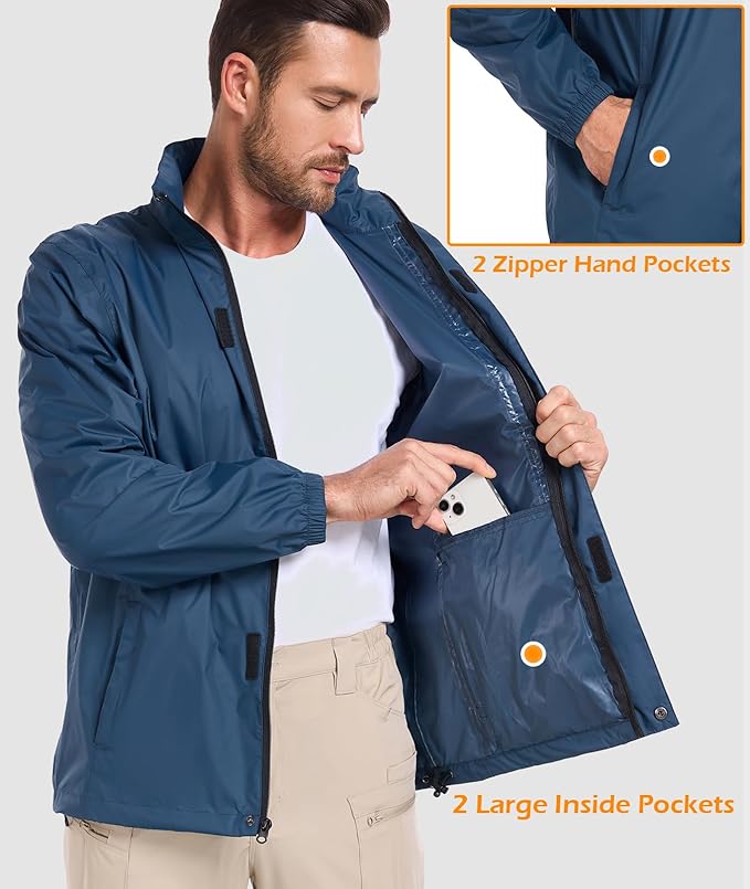 MANSDOUR Men's Packable Rain Jacket Waterproof Lightweight Windbreaker Cycling Golf Hiking Reflective Raincoat with Hood