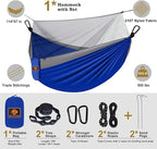 Camping Hammock with Net,Portable Lightweight Double Hammocks with Tree Straps and Solid D-Shape Carabiners,Parachute Nylon Hammock for Backpacking Beach Backyard Patio Hiking Blue&Grey