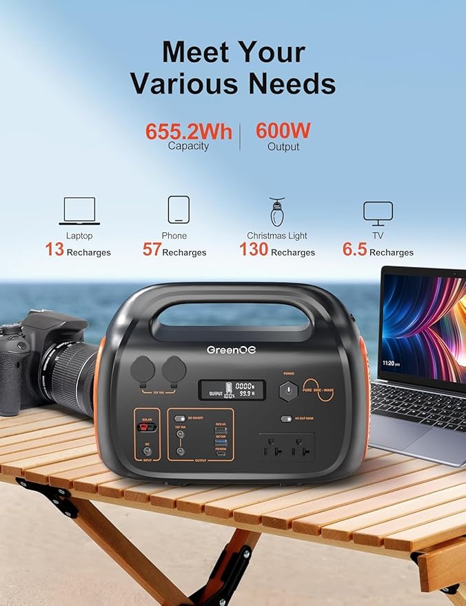 Portable Power Station 600W 655Wh, 11 Ports Camping Power Bank for Outdoors Home, Solar Powered Generator LED Lithium Battery Backup with AC Outlet USB-C