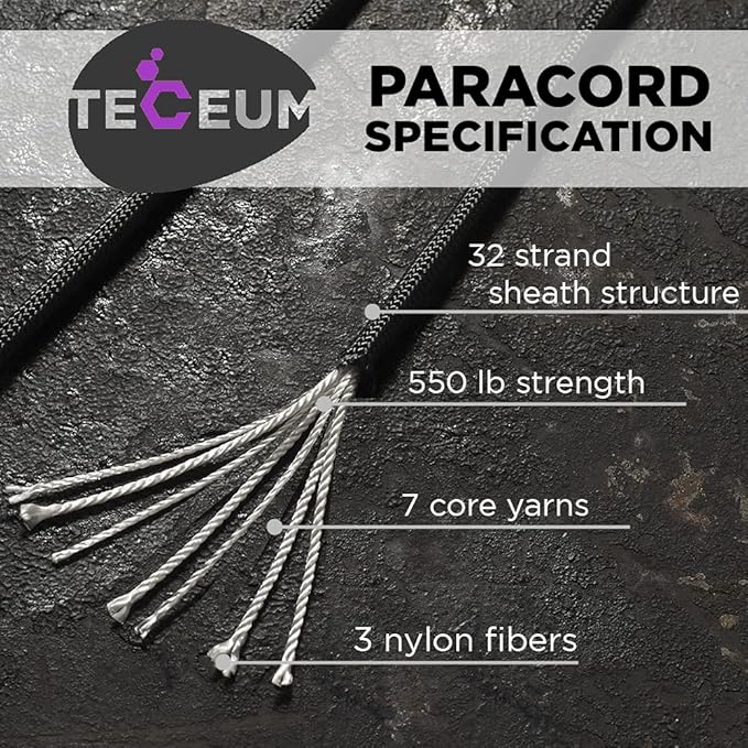 TECEUM 5/32" Paracord Rope 1000 – 1000ft / 200ft / 100ft / 50ft – Tactical Parachute Cord 4mm – 45+ Colors – Nylon String for Survival & Camping Gear – Stripe Cord for Survival – Utility Rope