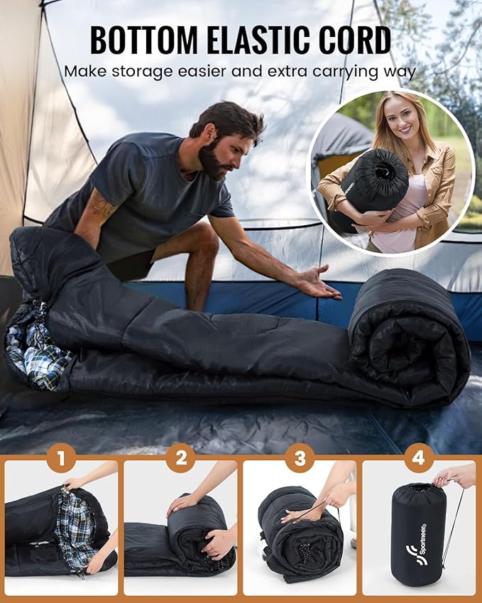 Sportneer Sleeping Bags for Adults, 0 Degree Sleeping Bag XL Flannel Winter Cold Weather Sleeping Bag with Detachable Hood Compression Sack for Camping, Backpacking, Hiking
