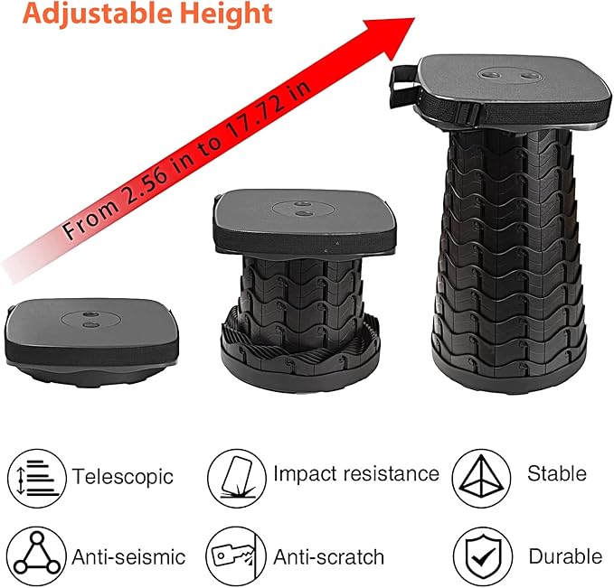 Portable Collapsible Stool Set - Heavy Duty Square Collapsible Stool + Thick Seat Cushion - 550lbs Load Capacity for Camping Picnic Gardening Travel (Black/Black)