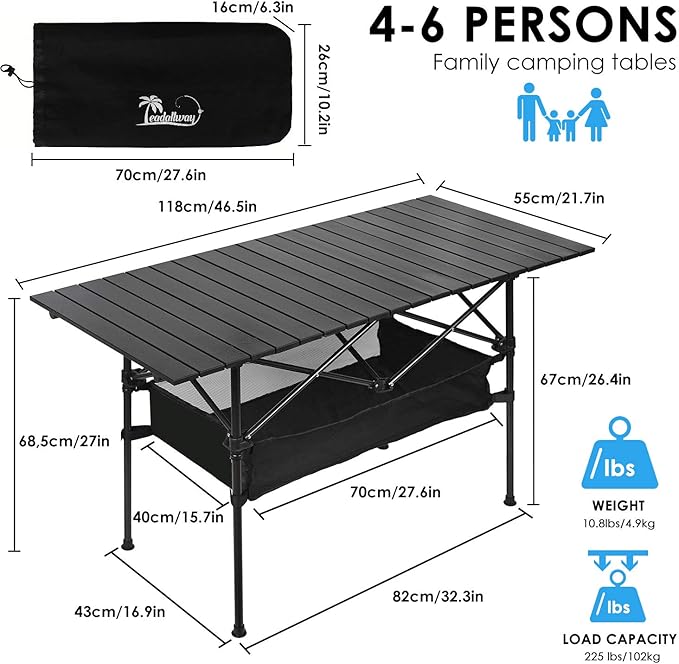 LEADALLWAY Folding Camping Table with Large Storage and Carrying Bags 47(L) x22(W)