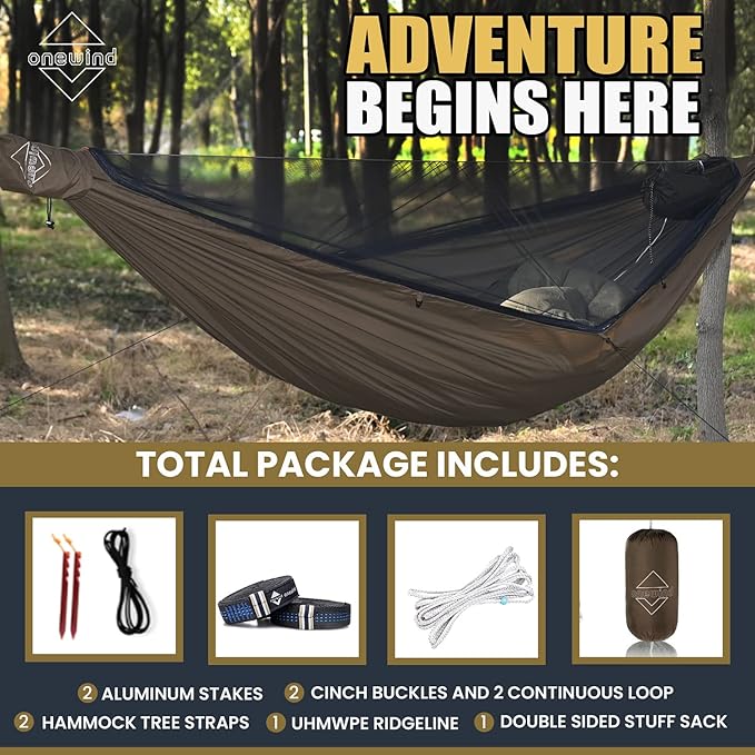 Onewind 11ft Camping Hammock with Mosquito Net and Adjustable Ridgeline, Lightweight Portable Double Hammock with Tree Straps and Bug Net, Ideal for Camping, Hiking, Backpacking, Coyote Brown