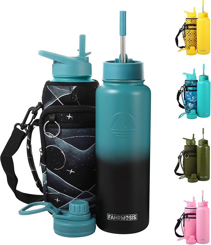 40 Oz Water Bottle with Strap Stainless Steel Sports Water Bottle with 3 Lids (Straw, Chug and Flip Lid) Insulated Leak Proof Metal Jug for Men & Women - Indigo Green (Pattern)
