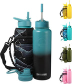 40 Oz Water Bottle with Strap Stainless Steel Sports Water Bottle with 3 Lids (Straw, Chug and Flip Lid) Insulated Leak Proof Metal Jug for Men & Women - Indigo Green (Pattern)