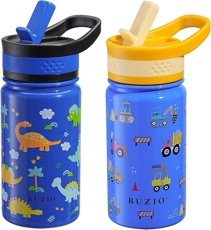 2 Pack Insulated Kids Water Bottle, BUZIO 14oz Stainless Steel Water Bottles with Tritan Straw Lid, BPA-FREE Lead-Free Double Wall Leak Proof Drink Cups Flask for School (Blue Car +Blue Dinosaur)