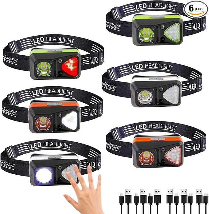 6 Pack Rechargeable Headlamp Flashlight, LED Head Lamp with White Red Light, Super Bright USB-C Headlight Motion Sensor Head Lamp for Adults 11 Mode Outdoor Camping Running Hiking Fishing
