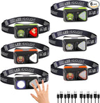 6 Pack Rechargeable Headlamp Flashlight, LED Head Lamp with White Red Light, Super Bright USB-C Headlight Motion Sensor Head Lamp for Adults 11 Mode Outdoor Camping Running Hiking Fishing