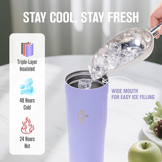 Coolflask Water Bottle 32 oz Fits Car Cup Holder, Slim Tumbler Stainless Steel with Straw & Handle, Vacuum Flask Leakproof Wide Mouth for Travel Sports Gym, Lavender