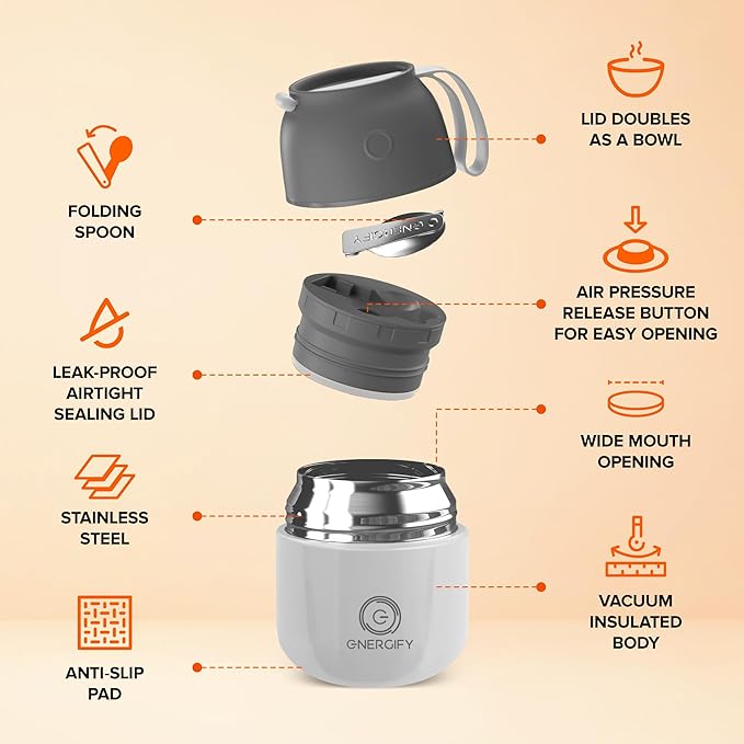 Energify Vacuum Insulated 12oz Titan Gray Thermos with Folding Spoon and Carry Case, BPA-Free, Meal Holder
