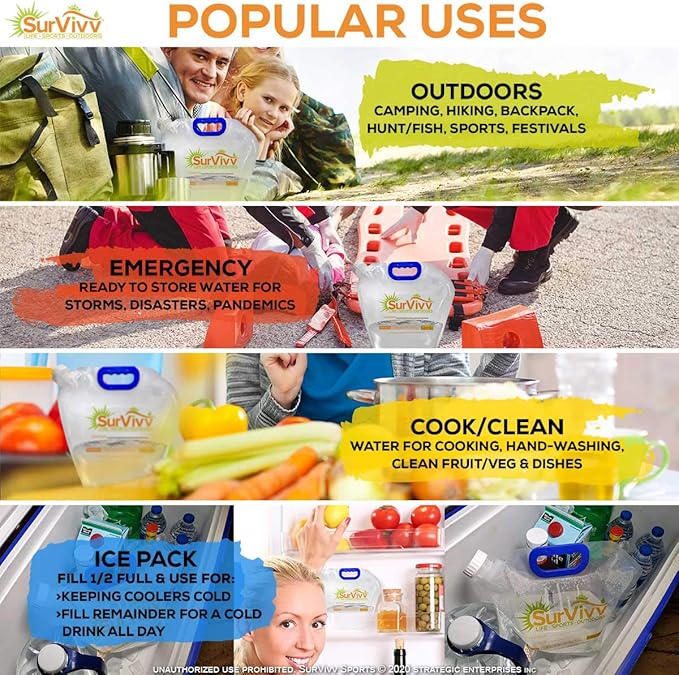 Premium Collapsible Water Container Bag, No-Leak, Freezable, Odorless, Flat Folding, BPA Free Food Grade Clear Plastic Storage bottle for Sports Outdoors Camping Hiking Backpack 1.3/2.6 Gallon