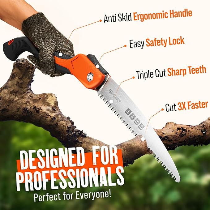 9-Inch Folding Camping Saw - Heavy Duty Pruning Saw with Triple-Cut SK5 Blade, 7 TPI Razor Teeth for Tree Trimming, Wood Cutting, Camping, Bushcraft, and Gardening Work
