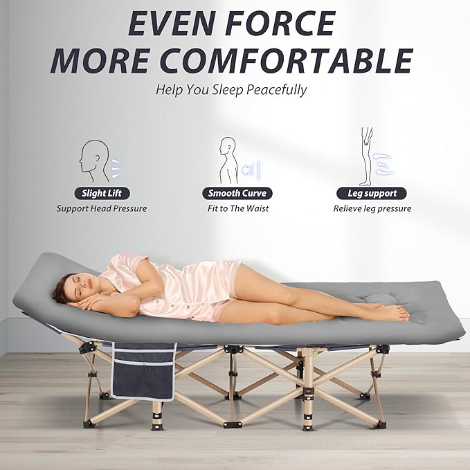 Folding Camping Cot for Sleeping, Portable Cots for Adults, Heavy Duty Cot Bed 550LBS(Max Load), Extra Wider Cots with Large Pocket for Outdoor, Office, Beach