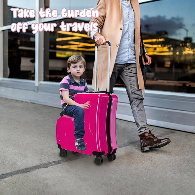 Kids Ride On Suitcase with Wheels, Scooter Luggage for Toddlers Travel, Durable Children's Suitcase for Boys & Girls Ages 2-15 Years Rose Red