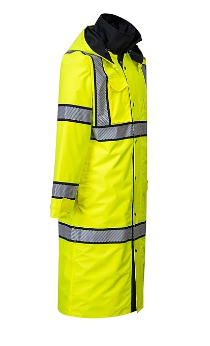 Portwest UH447 Waterproof Reversible Raincoat Hi Vis Reflective Long Safety Rain Jacket Yellow/Black, Medium