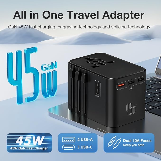 45W Universal Travel Adapter – Compact Plug with 3 USB-C & 2 USB-A Ports for EU/UK/US/AU, International Power Adapter Worldwide Charger, CE/FCC/RoHS Certified (Black)