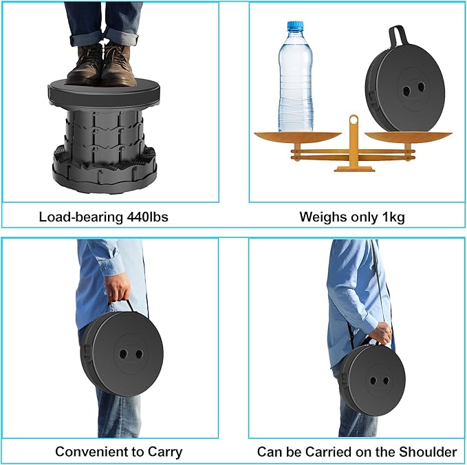 Upgraded Collapsible Stool with Adjustable Strap,Lightweight Folding Stool,Load Capacity 400lbs,Retractable Camping Stool Portable Folding Chair or Travel Footrest for Outdoor Fishing Hiking BBQ