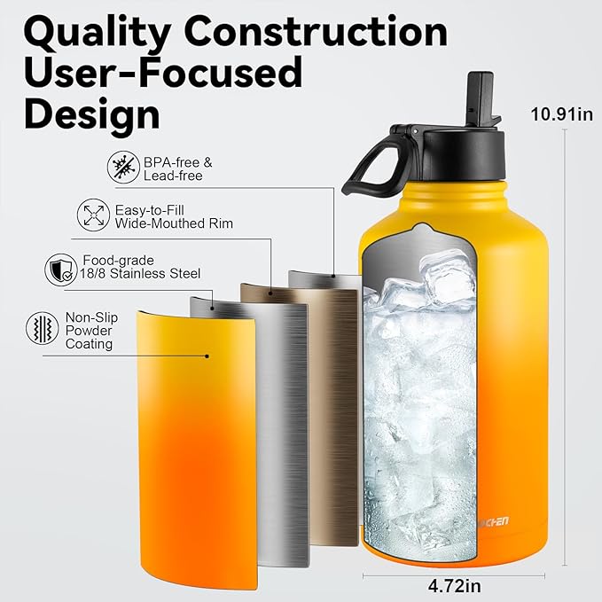 KXIAOCHEN Insulated Water Bottle, Stainless Steel Water Bottle, 2 Lids (Straw and Handle Lid),Wide Mouth Metal Water Bottles Keep Hot and Cold, Double Walled, Thermo Mug, Metal Canteen