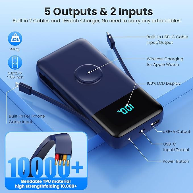 Portable Charger 40800mAh for iPhone with 2 Built-in Cable and iWatch Charger, 5-in-1 25W PD Fast Charging USB C Power Bank,QC4.0 LED Display Battery Pack for iPhone 16/15/14/13/12,Android,Apple Watch
