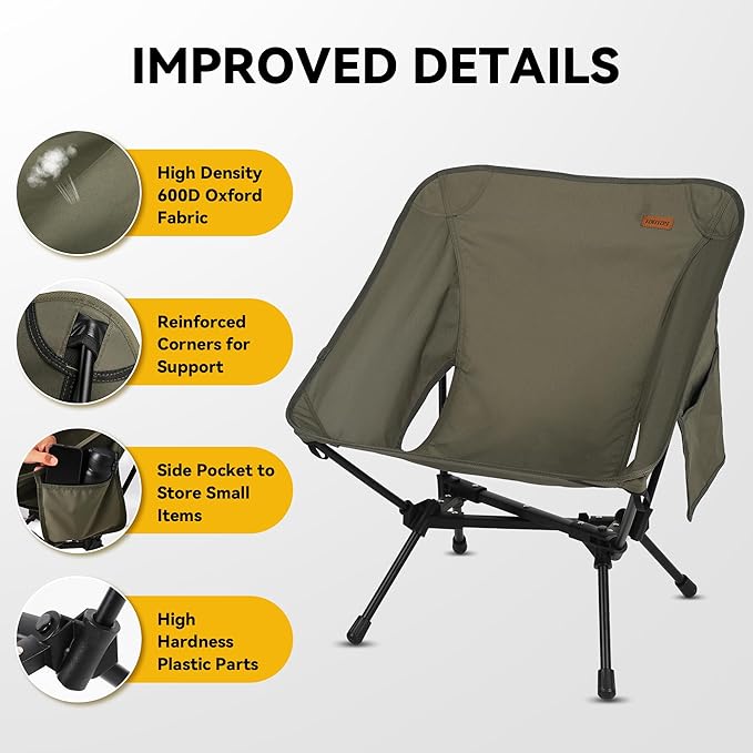 TOBTOS Portable Camping Chair, Support up to 330 LBS, Lightweight Folding Backpacking Chair for Outdoor Camp, Travel, Beach, Picnic, Hiking, Backpacking (Army Green)