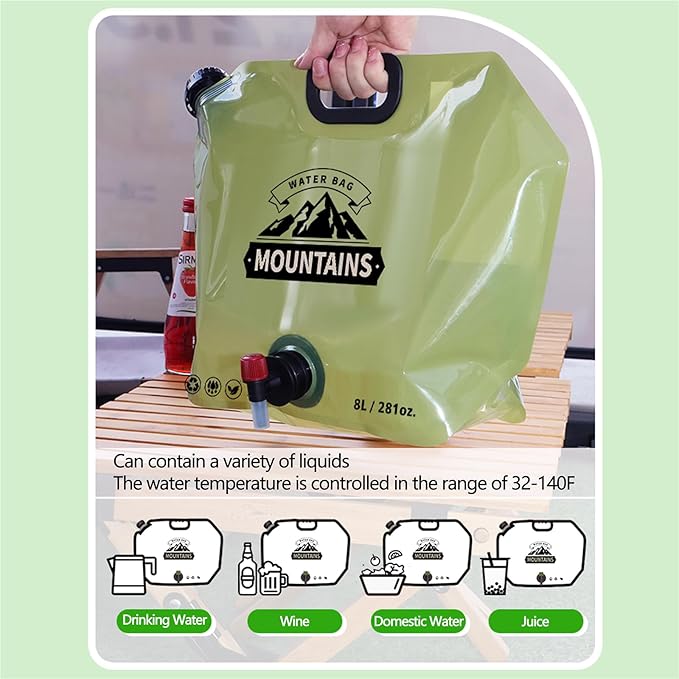 Collapsible Water Container with Spigot,2.1Gallon BPA Free Water Storage Carrier Jug for Folding Hiking,Canteen,Outdoor Sport,Riding,Mountaineer,Hurricane Emergency Water Bottle （1Pcs Green）